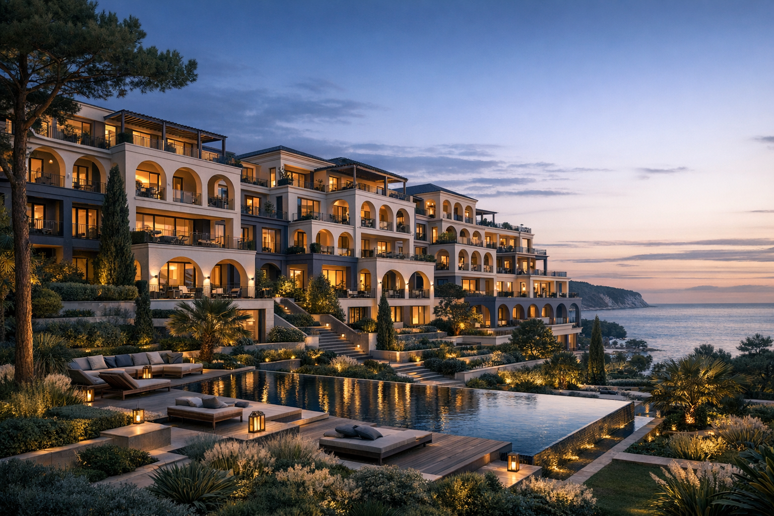 Панорамный вид курортного комплекса Sea Resort у моря
